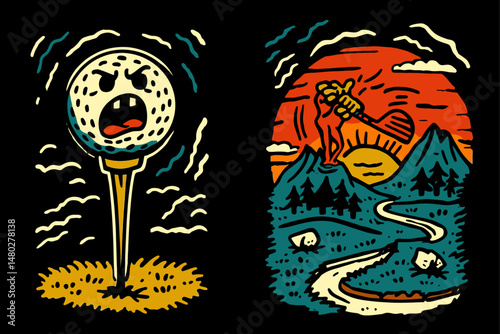 Angry Golf Ball and Landscape Illustration with Sunset Background