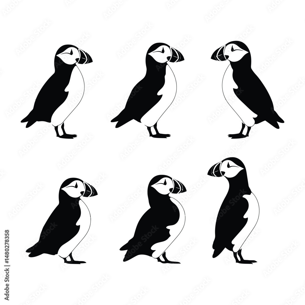 Naklejka premium Puffin Bird Set Silhouette Clipart on White Background