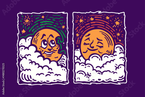 Charming Illustration of Moon and Stars in Whimsical Clouds
