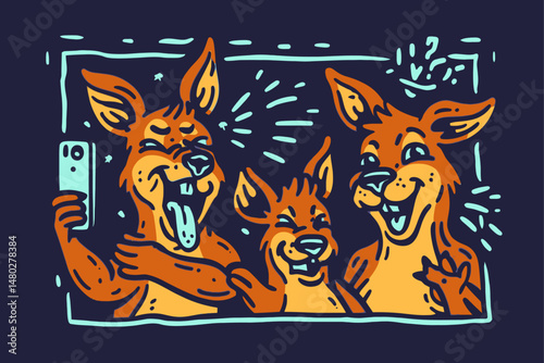 Playful Kangaroos Taking a Selfie in Artistic Cartoon Style