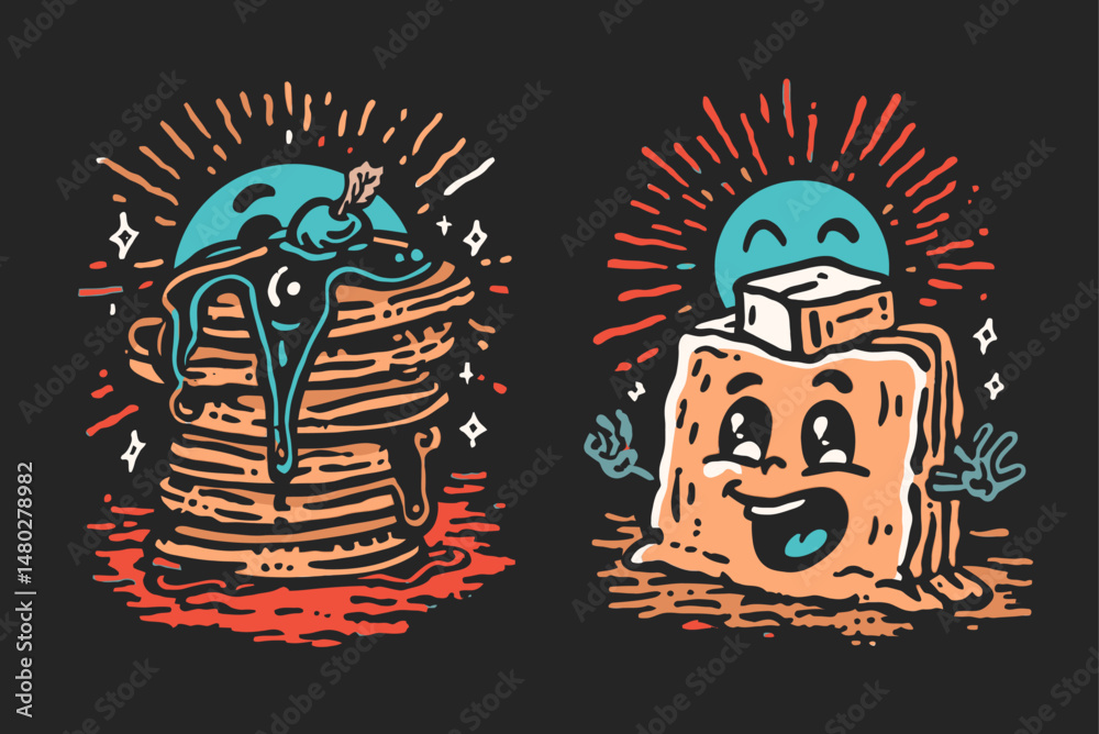Obraz premium Playful Food Characters Featuring Pancakes and Butter Cartoon Design