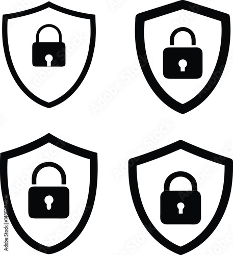 lock vector icon set, Set of black shield icons with closed padlocks, symbolizing cybersecurity, privacy protection, and secure data in minimal vector graphic style.