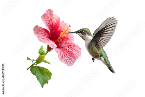 Hummingbird Feeding on a Hibiscus Flower isolated on transparent background
