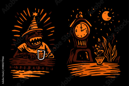 Whimsical Halloween Illustration with Monster and Clock Design