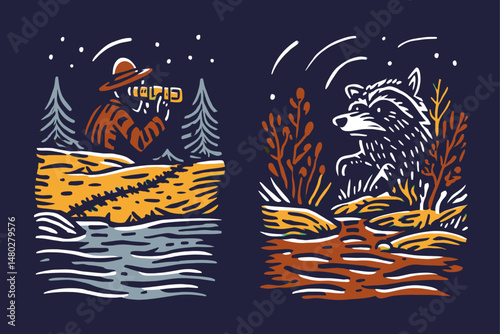 Nature Exploration Illustration with Wildlife and Landscape Elements