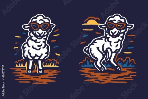Playful Sheep Illustration with Sun Glasses for T-shirt Design