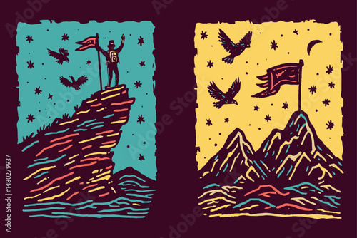 Vibrant Illustration of Adventurer with Flag Against Stunning Landscape