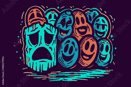 Colorful Illustration of Cartoon Faces and Ghostly Character Design