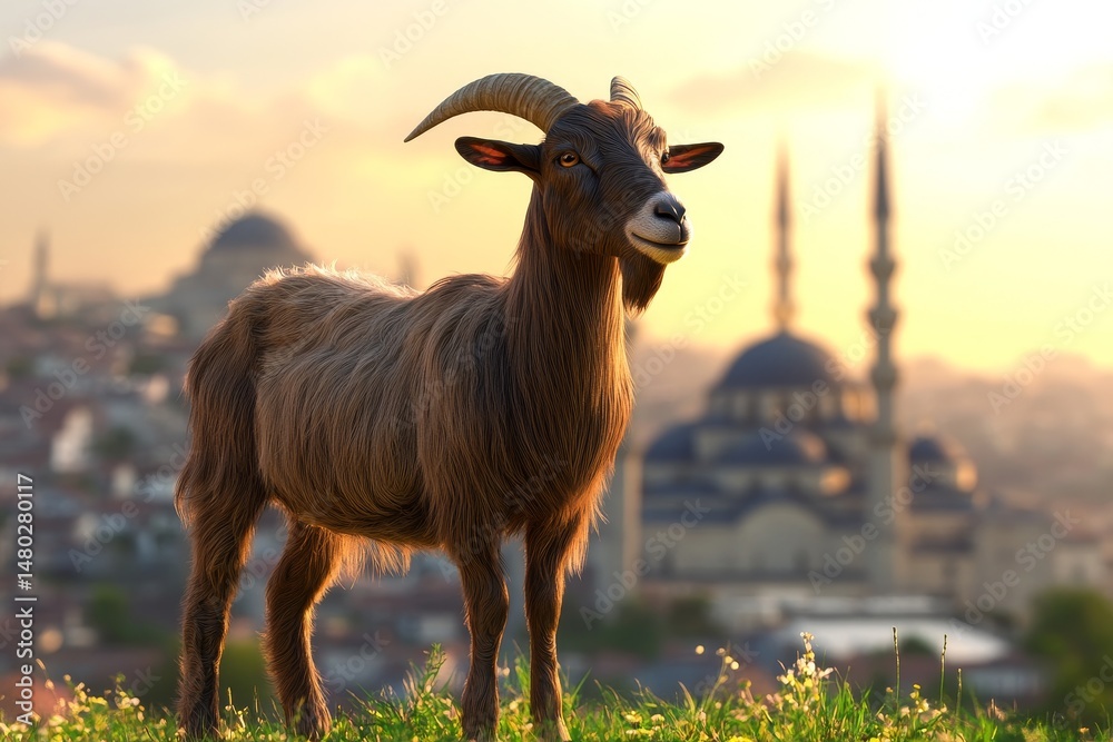 Fototapeta premium Goat stands proud against a cityscape backdrop.