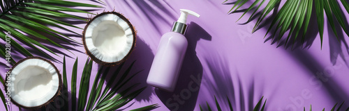 Lavender gel soap dispenser on purple background close-up. Generated by artificial intelligence.