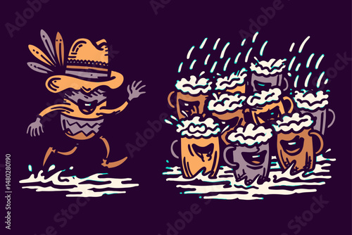 Playful Illustration of Character with Beer Mugs in Rainy Scene