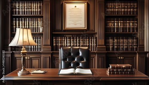 A professional legal office with dark wood furniture, bookcases lined with law books, and a large desk with neatly arranged documents. A traditional desk lamp adds a warm glow. Framed certificates 