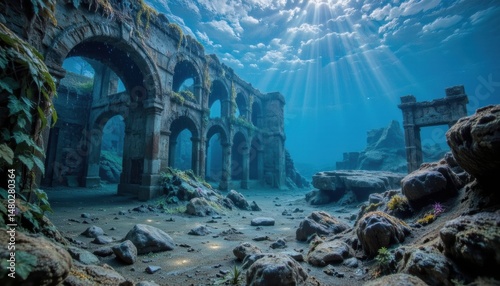 Submerged ancient ruins with sunlight filtering through water.