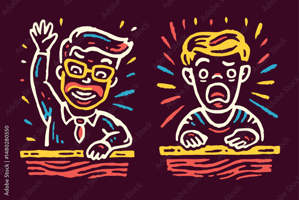 Colorful Cartoon Illustration of Two Characters with Different Emotions Colorful Cartoon Illustration of Two Characters with Different Emotions