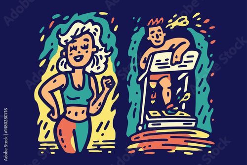 Vibrant Fitness Illustration Featuring Active Characters in Motion