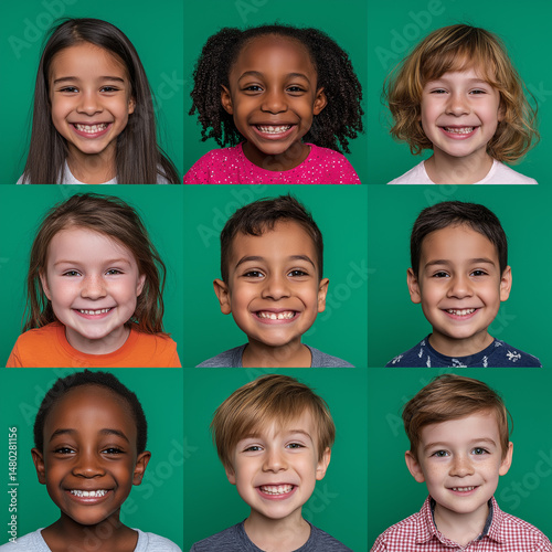 Collage of portraits of Children of different ages and countries with a green background.
