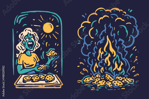Humorous Illustration of Baking Mishap with Cookies and Fire