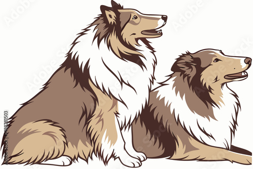 27 dogs, fluffy, long hair, brown, tan, sitting, studio shot, high quality, detailed, realistic