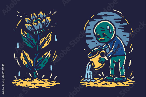 Enigmatic Illustration of a Sad Character Watering a Flower