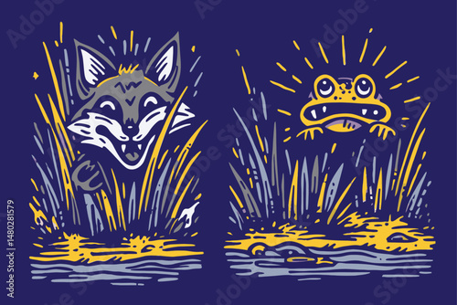 Playful Fox and Frog Illustration in Vibrant Colors and Bold Lines