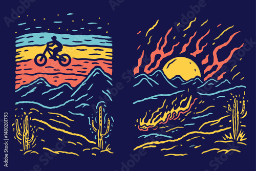 Vibrant Mountain Bicycle Adventure with Sunset and Desert Landscape