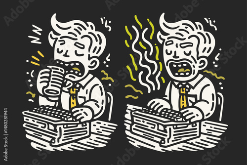 Frustrated Office Worker Struggling with Typewriter and Coffee