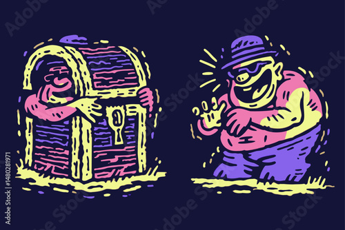 Colorful Cartoon Drawing of a Treasure Chest and a Thief Character