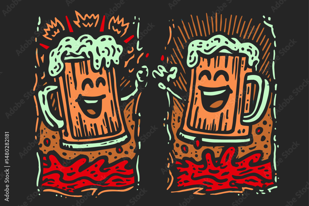 Obraz premium Cheerful Beer Mugs Clinking Together with Foam and Bubbles