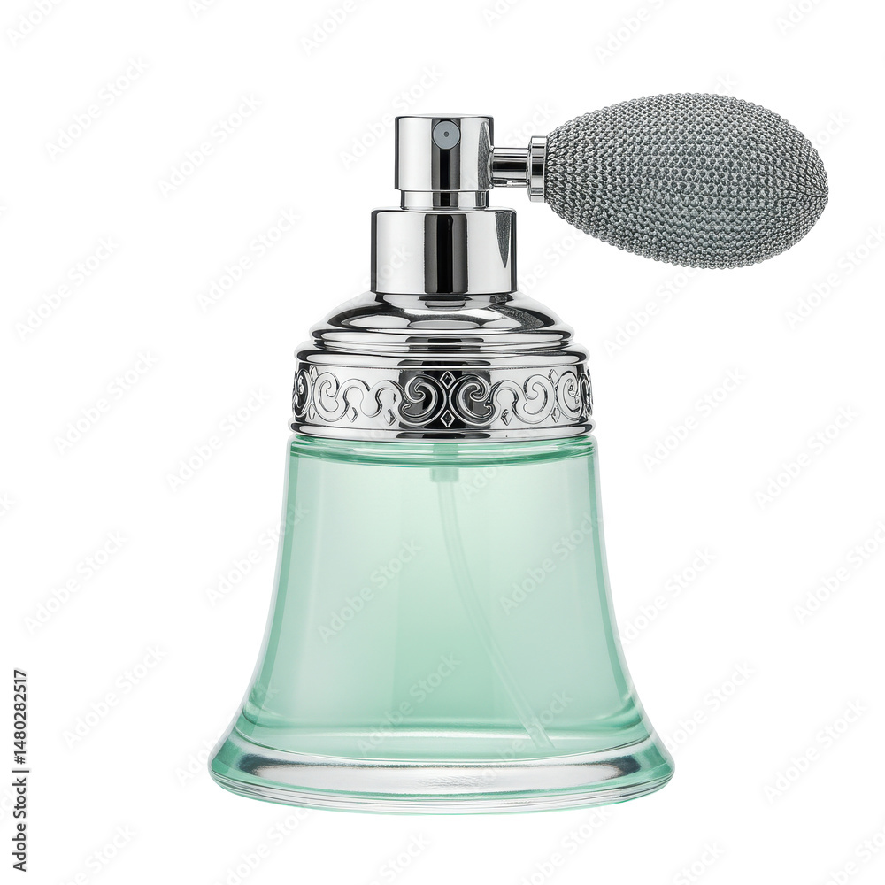 Obraz premium Aqua perfume bottle with silver top and bulb sprayer, against black backdrop