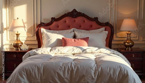 Opulent bedding, plush pillows, soft lighting, gold, interior, serene