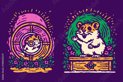 Colorful Hamster Illustration in Playful Design on Purple Background