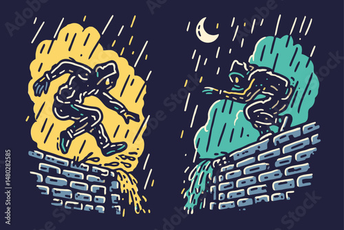 Dynamic Illustration of a Figure Navigating Rainy Rooftops at Night