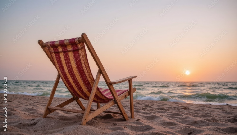 Beach chair at sunset overlooking the ocean waves. Beach chair at sunset overlooking the ocean waves.