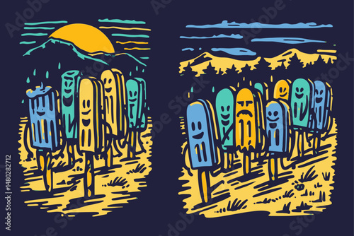 Playful Nature Illustration Featuring Cartoon Popsicles in a Landscape
