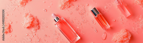 Pink perfume bottles on a plain background close-up. Generated by artificial intelligence.