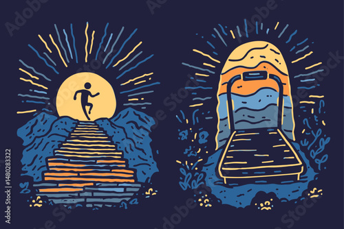 Vibrant Sun Illustration with Runner and Treadmill Concept Design