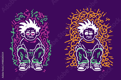 Colorful Illustration of Cartoon Character with Expressive Emotions