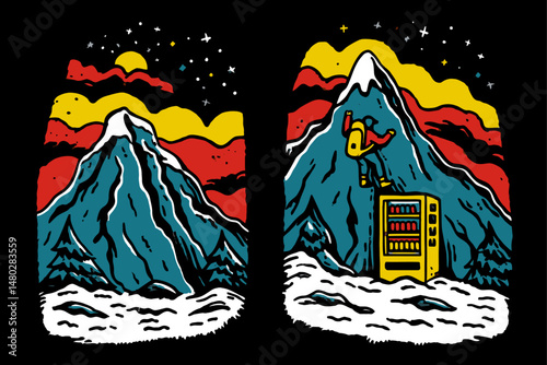 Vibrant Mountain Adventure Illustration for Shirt Design Ideas