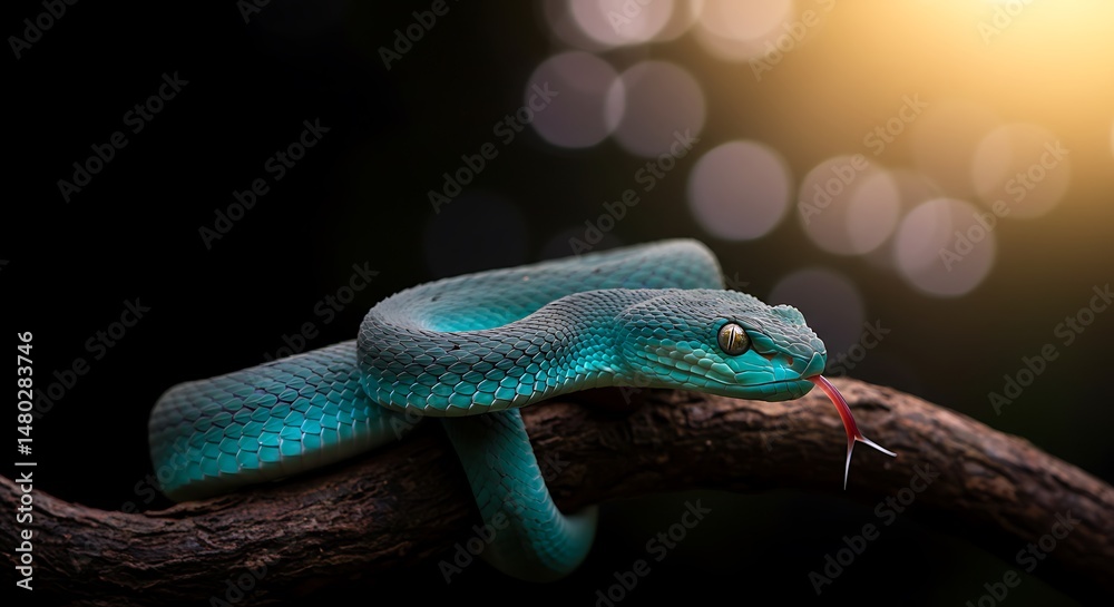 Obraz premium closeup of a vibrant blue viper snake with a forked tongue, perched on a dark brown branch against a black background, strikingly sharp scales and eye detail