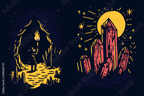 Adventure in the Cave: Explorer with Torch and Shining Background
