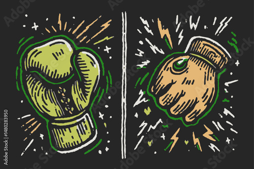 Colorful Hand-Drawn Boxing Gloves Illustrating Power and Competition