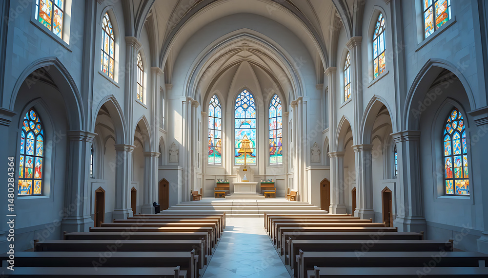 Fototapeta premium Church Interior with Stained Glass Windows