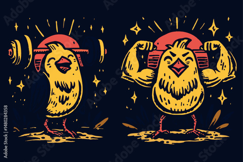 Cartoon Bird Lifting Weights in Fun Gym Illustration Design