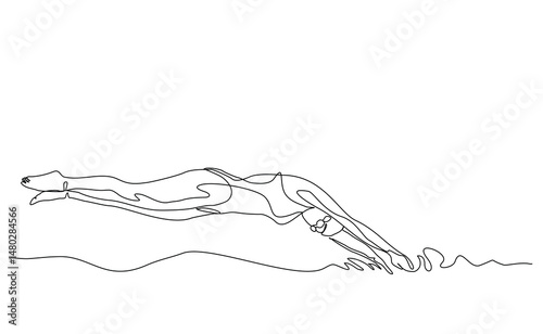 Continuous single line drawing of swimming athlete woman jumping to start swim competition. Vector illustration editable sketch of healthy sport lifestyle