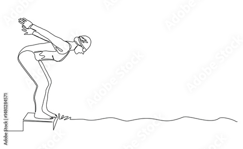 Continuous single line drawing of swimming athlete woman jumping to start swim competition. Vector illustration editable sketch of healthy sport lifestyle