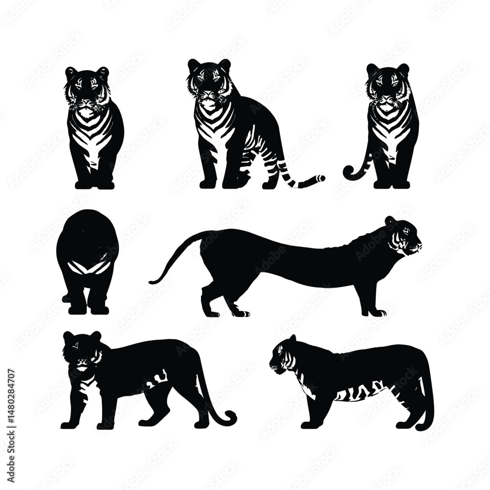 Naklejka premium Tiger Set Silhouette Clipart on a White Background