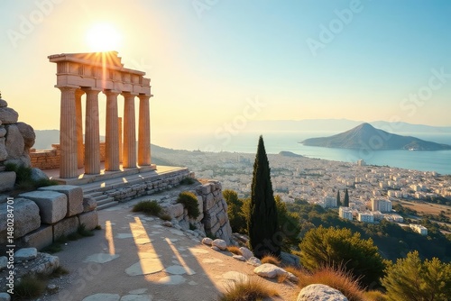 Sunlit Acropolis ruins, overlooking Athenian cityscape, daylight, travel, light