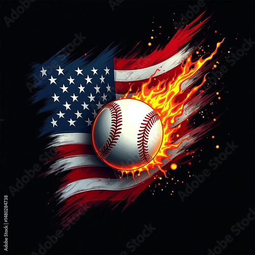 baseball, american flag, fire, abstract, dramatic, dynamic, digital art, cinematic, photorealistic
