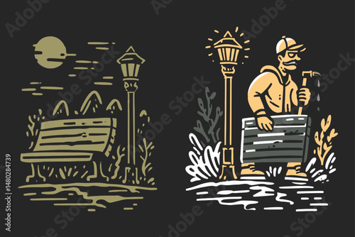 Illustrative Drawing of a Man with a Hammer and Park Bench at Night