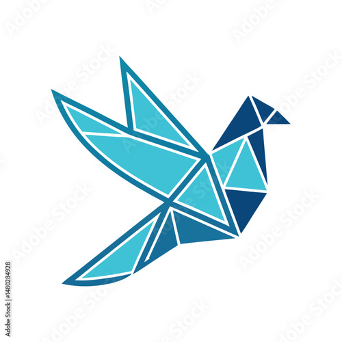 Geometric blue origami dove symbolizing peace tranquility and hope on a white background